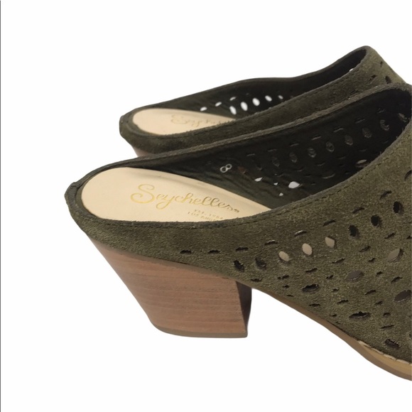 Seychelles Women's Green Suede Cutout Mules Heels - Picture 4 of 10